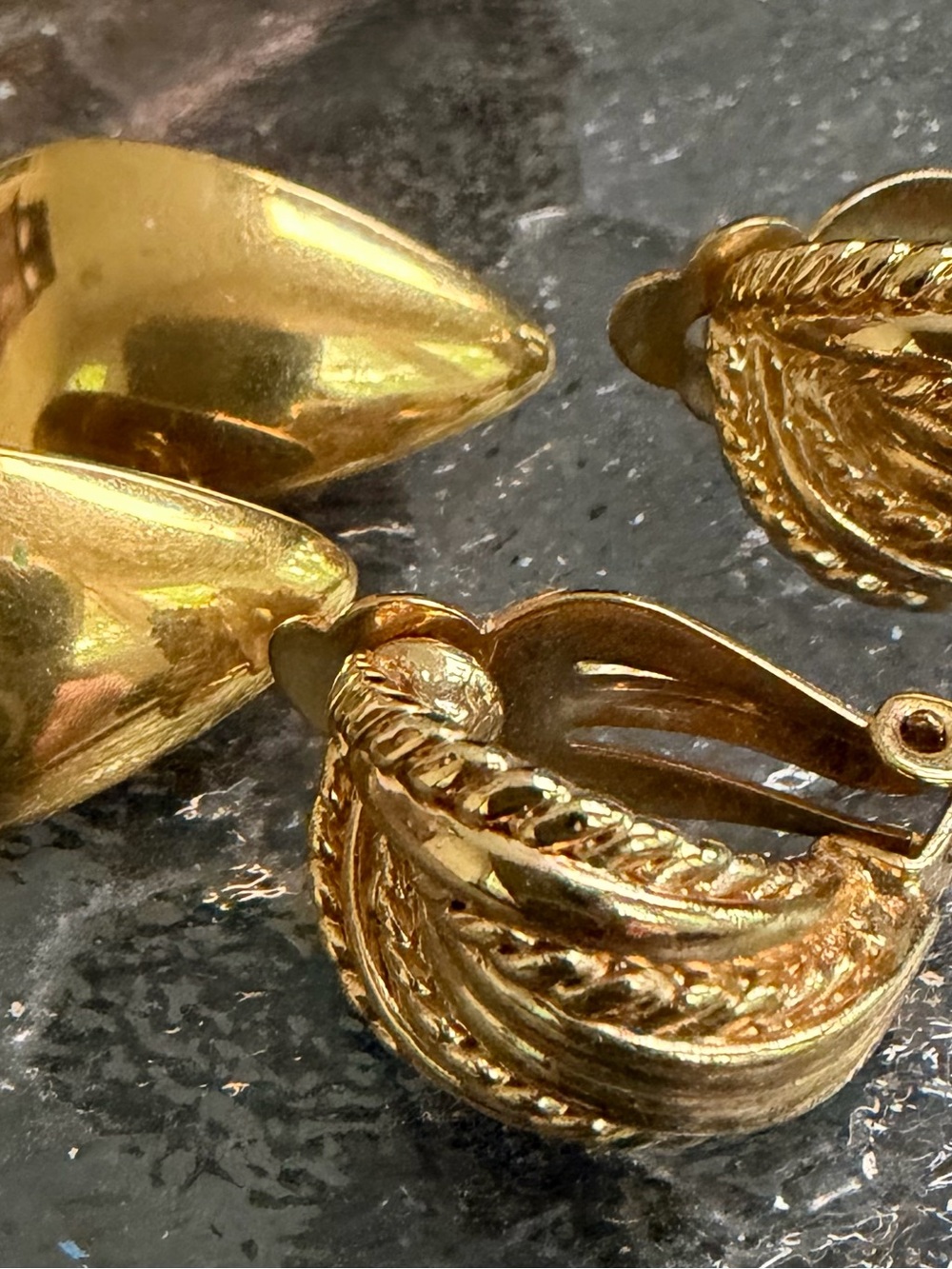 TWO Pair of Gold Clip-on Earrings Triangle & Huggies